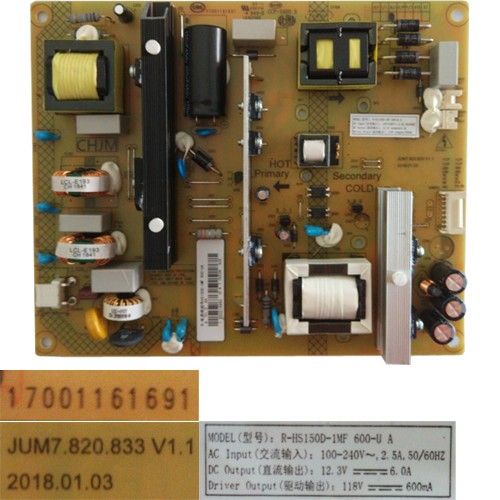 Fuente Alimentación JUM7.820.833 V1.1, 17001161691, R-HS150D-1MF, Saba SA50K67N