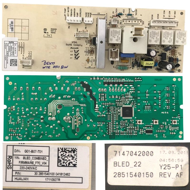 Módulo Electrónico con Botonera Lavadora Beko WTE 7511 BW, G01-B07-T01, Y25-P1 SWAP/USADO